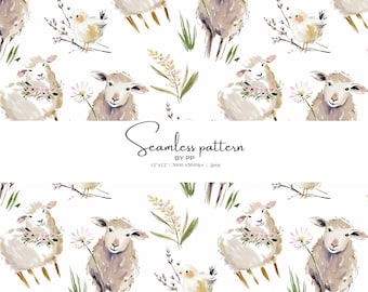 lamb seamless pattern, watercolor sheep pattern, nursery animal pattern, spring farm animal pattern, pastel baby animal art