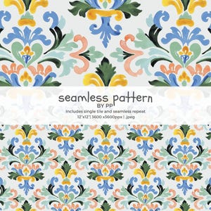 May include: A seamless watercolor pattern featuring a repeating floral design in shades of blue, green, yellow, and coral on a white background. The pattern includes the text "seamless pattern" and "BY PP". The image dimensions are 12"x12".