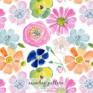 May include: Watercolor floral seamless pattern featuring pink, blue, orange, and yellow flowers on a white background. The design includes various flower types with green leaves and stems. Text at the bottom reads "seamless pattern by PP".