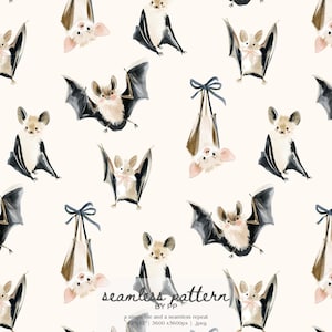 May include: A seamless pattern featuring watercolor illustrations of bats in various poses. The bats have brown and black wings, with some hanging upside down tied with a blue bow. The background is a cream color.