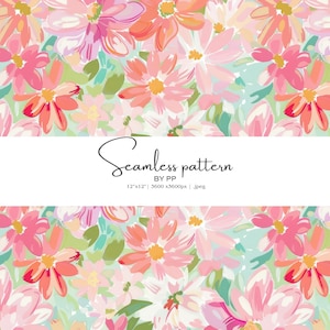 Peut inclure: Un motif floral sans couture avec des fleurs à l'aquarelle dans les tons de rose, corail et pêche, avec des feuilles vertes sur un fond bleu clair. Le texte "Seamless pattern" est affiché dans une bannière blanche. Dimensions : 30,48 cm x 30,48 cm.