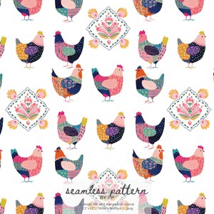 scandinavian folk hen seamless pattern, colorful farmhouse chicken print, nordic folk rooster fabric, whimsical barnyard animal design jpeg
