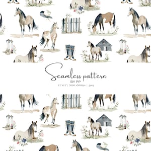 May include: Watercolor seamless pattern featuring horses, cowboy boots, a barn, and a fence. The design includes the text "Seamless pattern by PP" and dimensions of 30.48 cm x 30.48 cm at 3600 x 3600 pixels.
