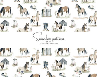 watercolor horse seamless pattern, farm animal digital paper, rustic horse jpeg background, country equestrian fabric design, horse scrapboo