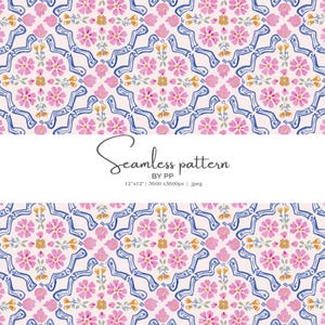 Könnte beinhalten: Ein nahtloses Muster mit einem sich wiederholenden floralen Design. Es zeigt rosa Blumen, blaue geometrische Formen und gelbe Akzente auf cremefarbenem Hintergrund. Der Text "Seamless pattern" wird angezeigt.