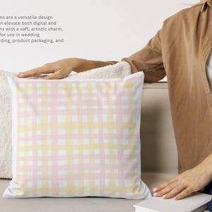 May include: Two decorative throw pillows. One is white and fluffy, the other features a pastel yellow and pink gingham pattern. The text in the image says, "Seamless patterns are a versatile design resource that can elevate both digital and physical creations with a soft, artistic charm."