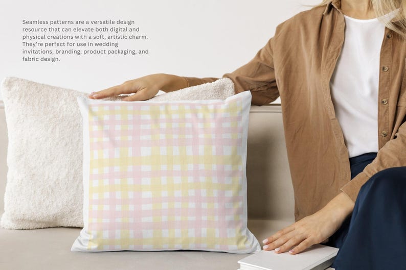 May include: Two decorative throw pillows. One is white and fluffy, the other features a pastel yellow and pink gingham pattern. The text in the image says, "Seamless patterns are a versatile design resource that can elevate both digital and physical creations with a soft, artistic charm."