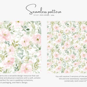 Pode incluir: Dois padr&otilde;es florais em aquarela. Um apresenta uma disposi&ccedil;&atilde;o densa de flores rosa e folhas verdes sobre um fundo branco. O outro tem um design semelhante, mas com uma disposi&ccedil;&atilde;o mais esparsa. O texto "Seamless pattern" est&aacute; no topo.