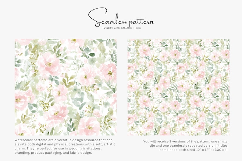 Pode incluir: Dois padr&otilde;es florais em aquarela. Um apresenta uma disposi&ccedil;&atilde;o densa de flores rosa e folhas verdes sobre um fundo branco. O outro tem um design semelhante, mas com uma disposi&ccedil;&atilde;o mais esparsa. O texto "Seamless pattern" est&aacute; no topo.