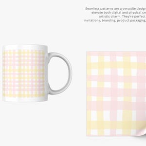 May include: A white coffee mug and a square paper sheet, both featuring a pastel pink and yellow plaid pattern. The text on the image says, "Seamless patterns are a versatile design resource that can elevate both digital and physical creations with a soft, artistic charm."