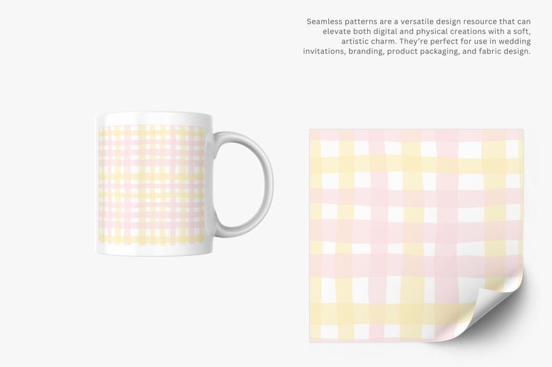 May include: A white coffee mug and a square paper sheet, both featuring a pastel pink and yellow plaid pattern. The text on the image says, "Seamless patterns are a versatile design resource that can elevate both digital and physical creations with a soft, artistic charm."