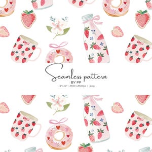 Puede incluir: Patrón sin costuras de acuarela con fresas, rosquillas, tazas y botellas de leche. El diseño incluye fresas rosas y rojas, rosquillas rosas con detalles de corazón y botellas de leche atadas con cintas rosas. El texto "Seamless pattern" también es visible.