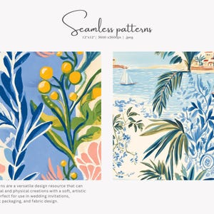 Pode incluir: Dois padr&otilde;es de aquarela sem costura. Um apresenta folhagem azul e verde com bagas amarelas e flores cor-de-rosa. O outro retrata uma cena costeira com veleiros, palmeiras e edif&iacute;cios. O texto "Seamless patterns" est&aacute; no topo.