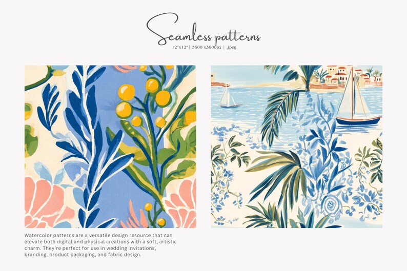 Pode incluir: Dois padr&otilde;es de aquarela sem costura. Um apresenta folhagem azul e verde com bagas amarelas e flores cor-de-rosa. O outro retrata uma cena costeira com veleiros, palmeiras e edif&iacute;cios. O texto "Seamless patterns" est&aacute; no topo.
