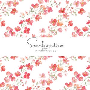 Peut inclure: Un motif sans couture avec des illustrations à l'aquarelle de fleurs rouges et roses et de tiges vertes sur fond blanc. Le texte "Seamless pattern" est affiché au centre.