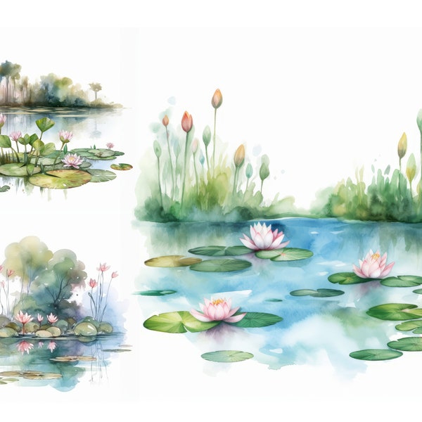9 Watercolor Pink Lily Pond Clipart Water Lilies Clipart Card Making Mixed Media Digital Paper Craft Junk Journals Wall Art Digital Jpegs