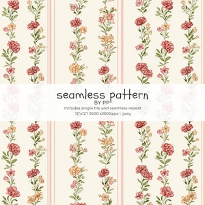 May include: Seamless floral pattern featuring vertical rows of red and yellow flowers with green leaves against a cream background with pink stripes. The text "seamless pattern" is displayed.