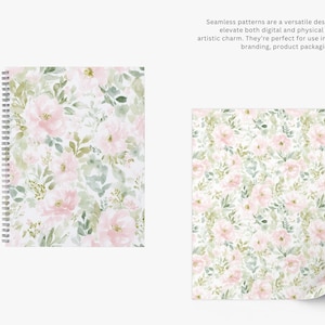 Pode incluir: Um caderno espiral e uma folha de papel com um padr&atilde;o floral de rosas cor-de-rosa e folhas verdes sobre um fundo branco. O texto na imagem diz: Padr&otilde;es cont&iacute;nuos s&atilde;o um recurso de design vers&aacute;til que pode elevar cria&ccedil;&otilde;es digitais e f&iacute;sicas.