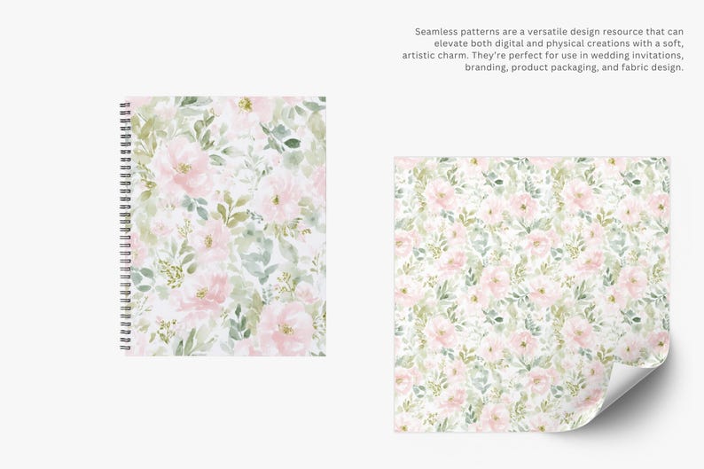 Pode incluir: Um caderno espiral e uma folha de papel com um padr&atilde;o floral de rosas cor-de-rosa e folhas verdes sobre um fundo branco. O texto na imagem diz: Padr&otilde;es cont&iacute;nuos s&atilde;o um recurso de design vers&aacute;til que pode elevar cria&ccedil;&otilde;es digitais e f&iacute;sicas.