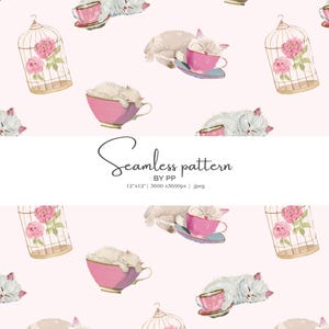 May include: Watercolor seamless pattern featuring white cats sleeping in pink teacups and on saucers. Also includes birdcages with pink roses. The text "Seamless pattern" is displayed in the image.