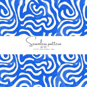 May include: Seamless pattern in blue and white. The design features flowing, wave-like shapes in a repeating pattern. The text "Seamless pattern" is displayed in the center, along with dimensions and file type.