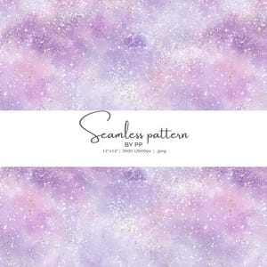 Könnte beinhalten: Nahtloses Muster in Lila-, Rosa- und Weißtönen mit Aquarelleffekt. Das Design enthält subtile Glitzerakzente und den Text "Seamless pattern". Die Bildabmessungen betragen 30,48 cm x 30,48 cm.