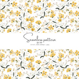 May include: A seamless pattern featuring yellow flowers and small white blossoms on a white background. The design includes dark green leaves and stems. Text at the bottom reads "Seamless pattern BY PP 12"x12" 3600 x 3600px | .jpeg".