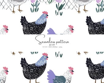 chicken pattern, farm background, cute hens, whimsical chickens, seamless texture, rooster art, backyard birds, digital paper, farmhouse art