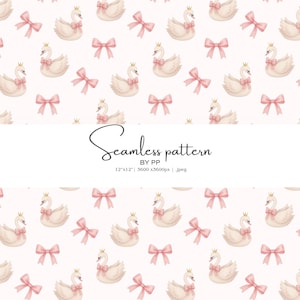 May include: A seamless pattern featuring watercolor swans with gold crowns and pink bows, interspersed with pink bows, on a light pink background. The text "Seamless pattern" is displayed.