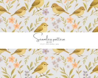 bird pattern, floral design, watercolor birds, seamless pattern, vintage floral, garden birds, cottagecore art, spring decor, boho wallpaper