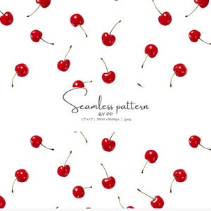 Może przedstawiać: Bezszwowy wzór z jasnoczerwonymi wiśniami z zielonymi łodygami na białym tle. Obraz zawiera tekst "Seamless pattern BY PP 12"x12" | 3600 x 3600px | .jpg".