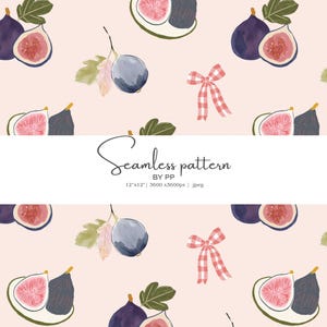 May include: Seamless pattern featuring watercolor illustrations of figs, leaves, and bows on a light pink background. The figs are depicted in shades of purple and pink, with green leaves and red and white checkered bows. The text "Seamless pattern" is also present.