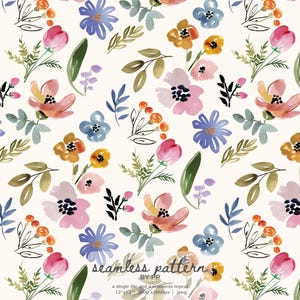 May include: Watercolor floral seamless pattern featuring pink, blue, and orange flowers with green leaves on a cream background. The design includes the text "seamless pattern" and additional details.