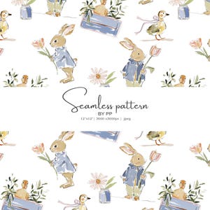 Peut inclure: Motif sans couture à l'aquarelle avec des lapins en vestes bleues tenant des tulipes, des canards, des marguerites et des compositions florales. Le texte "Seamless pattern" est affiché au centre.