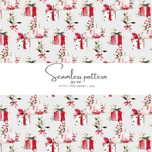 May include: A seamless pattern design with watercolour illustrations of wrapped gifts with red bows, candles, and sprigs of berries and leaves. The gifts are white with red accents. The text "Seamless pattern" is displayed.