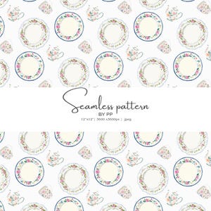 May include: A seamless pattern featuring watercolor illustrations of vintage teacups, plates, and teapots. The plates have a floral design with a blue border. The text "Seamless pattern" is also included.