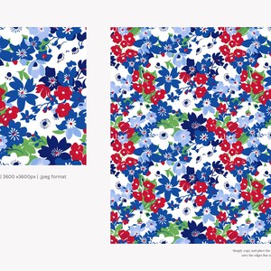 patriotic floral, seamless pattern, red white, blue flowers, 4th july, americana style, digital paper, summer garden, wildflower print jpeg image 2