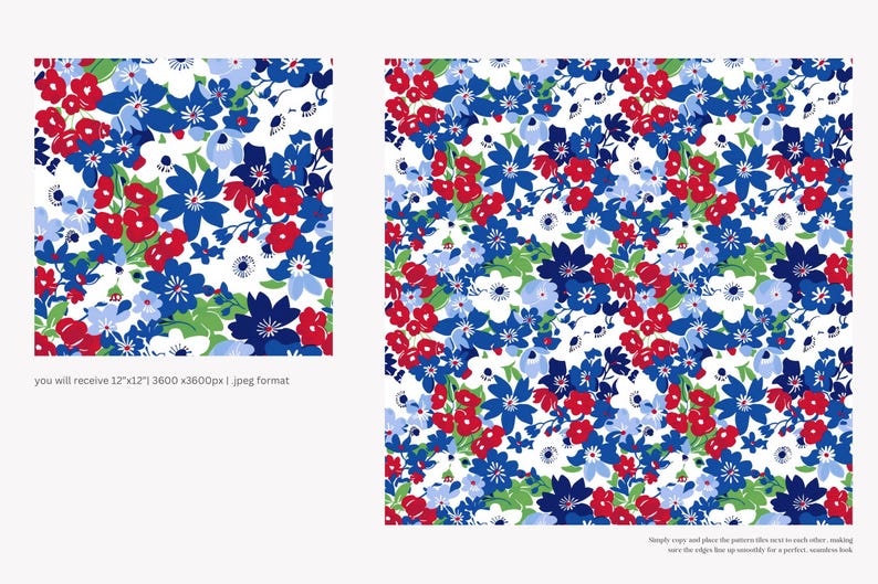 patriotic floral, seamless pattern, red white, blue flowers, 4th july, americana style, digital paper, summer garden, wildflower print jpeg image 2