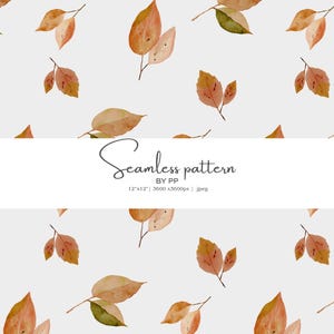 Op de afbeelding: Een naadloos patroon met aquarel herfstbladeren in bruin-, oranje- en groentinten, op een lichtgrijze achtergrond. Het ontwerp bevat de tekst "Seamless pattern" en de afmetingen 30,48 cm x 30,48 cm.