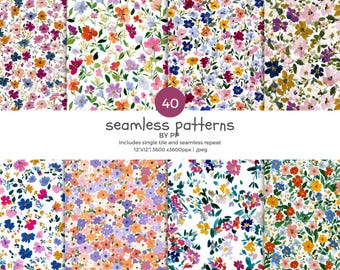 seamless wildflower pattern bundle, hand painted floral repeats, ditsy garden flowers, watercolor meadow print, surface design jpeg