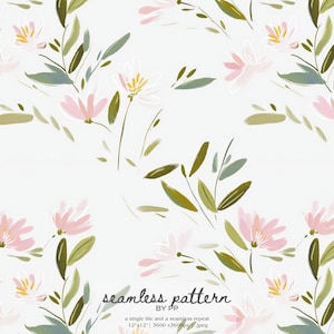 May include: A seamless pattern featuring a delicate floral design. The pattern includes pink and white flowers with green and olive-colored leaves and stems, set against a light background. The text "seamless pattern" is visible.