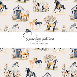May include: Watercolor seamless pattern featuring horses, barns, and floral elements in shades of beige, brown, and blue. The text "Seamless pattern" is displayed. The pattern is 12" x 12" and 3600 x 3600 pixels.