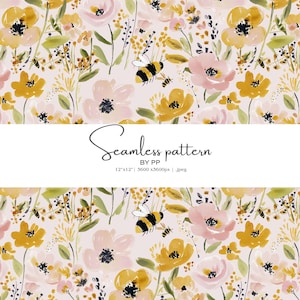 Peut inclure: Motif floral sans couture avec des fleurs à l'aquarelle dans les tons de jaune, rose et vert, avec des accents noirs. Le motif comprend des abeilles et le texte "Seamless pattern" par PP, 12"x12", 3600x3600px, .jpg.