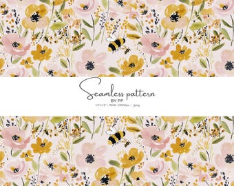 watercolor bee floral seamless pattern, spring flower repeating design, yellow pink printable paper, 12x12 inch jpeg