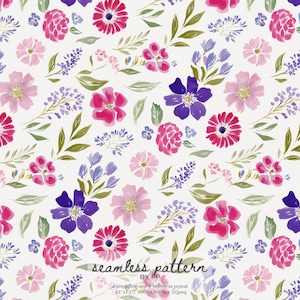 Könnte beinhalten: Nahtloses Aquarell-Blumenmuster mit rosa, lila und blauen Blumen und grünen Blättern auf weißem Hintergrund. Das Design umfasst verschiedene Blumenarten und Blätter, wodurch ein lebendiger und künstlerischer Look entsteht. Der Text "seamless pattern" ist sichtbar.