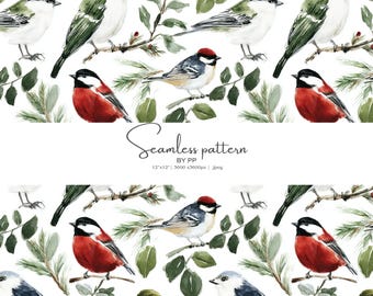watercolor bird seamless pattern, winter birds floral background, hand painted woodland birds, cottagecore nature digital paper, fabric