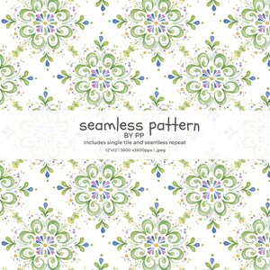 Pode incluir: Um padrão sem costura com um design floral repetitivo em tons de verde, azul e roxo sobre um fundo branco. O texto "seamless pattern" é exibido no centro. O padrão tem 30.48cm x 30.48cm e inclui um único bloco e repetição sem costura.