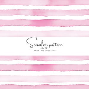 May include: A seamless pattern design featuring horizontal watercolor stripes in varying shades of pink on a white background. The text "Seamless pattern" is displayed in a cursive font, along with the dimensions and file type.