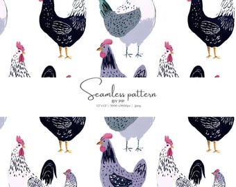 chicken pattern, farm background, cute hens, whimsical chickens, seamless texture, rooster art, backyard birds, digital paper, farmhouse art