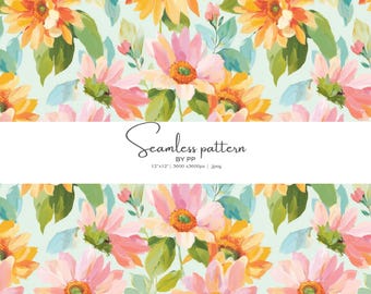 sunflower pattern, seamless floral, summer bouquet, digital paper, bold florals, printable design, painterly flowers, clipart texture jpeg